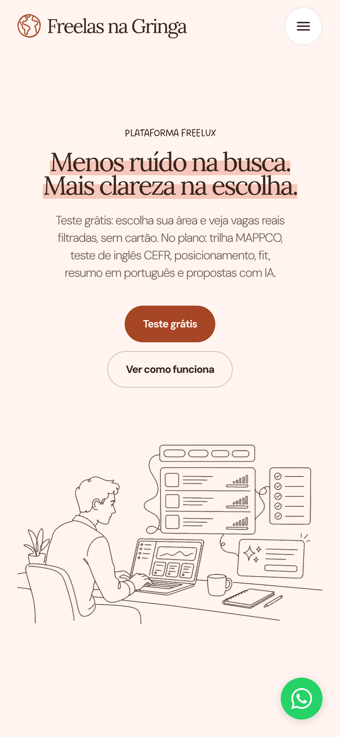 Freelas na Gringa, homepage mobile (hero)