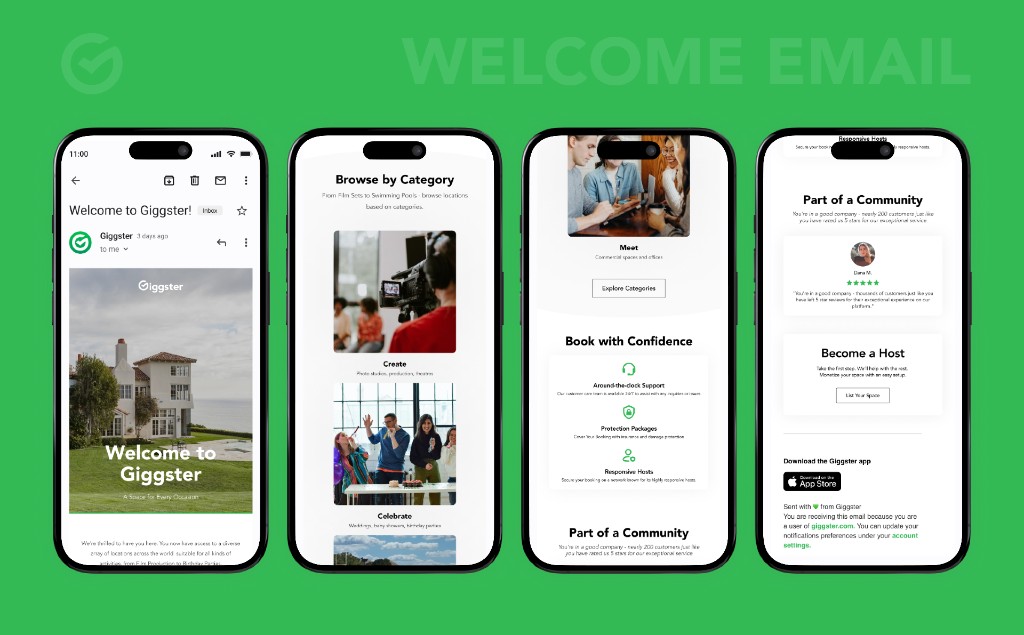 Email de boas-vindas da Giggster com fluxo de onboarding para anfitriões