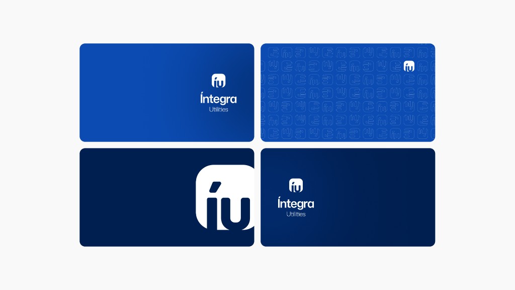Tarjetas y patterns de la marca Íntegra Utilities en azul y marino
