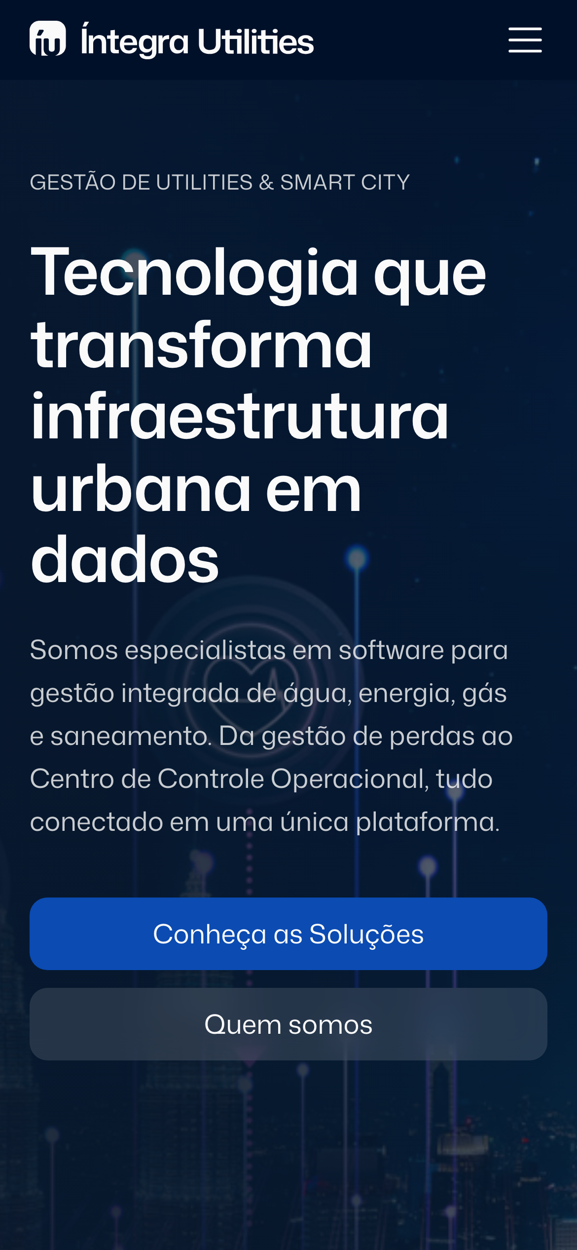 Homepage mobile de Íntegra Utilities, marca iu y hero de infraestructura urbana